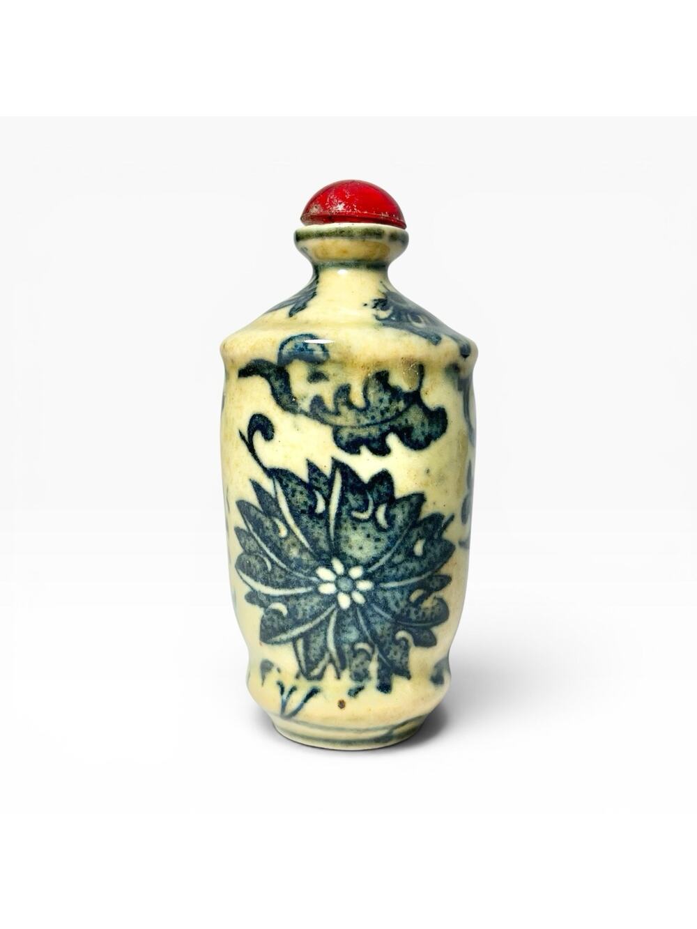 Antique Chinese Yellow Porcelain Blue Floral Flowers Snuff Bottle & Red Stopper